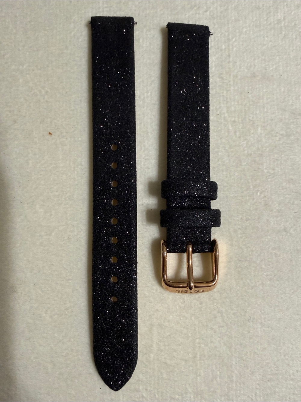 14mm Fossil Black Glitter Watch Strap with Rose Gold Buckle